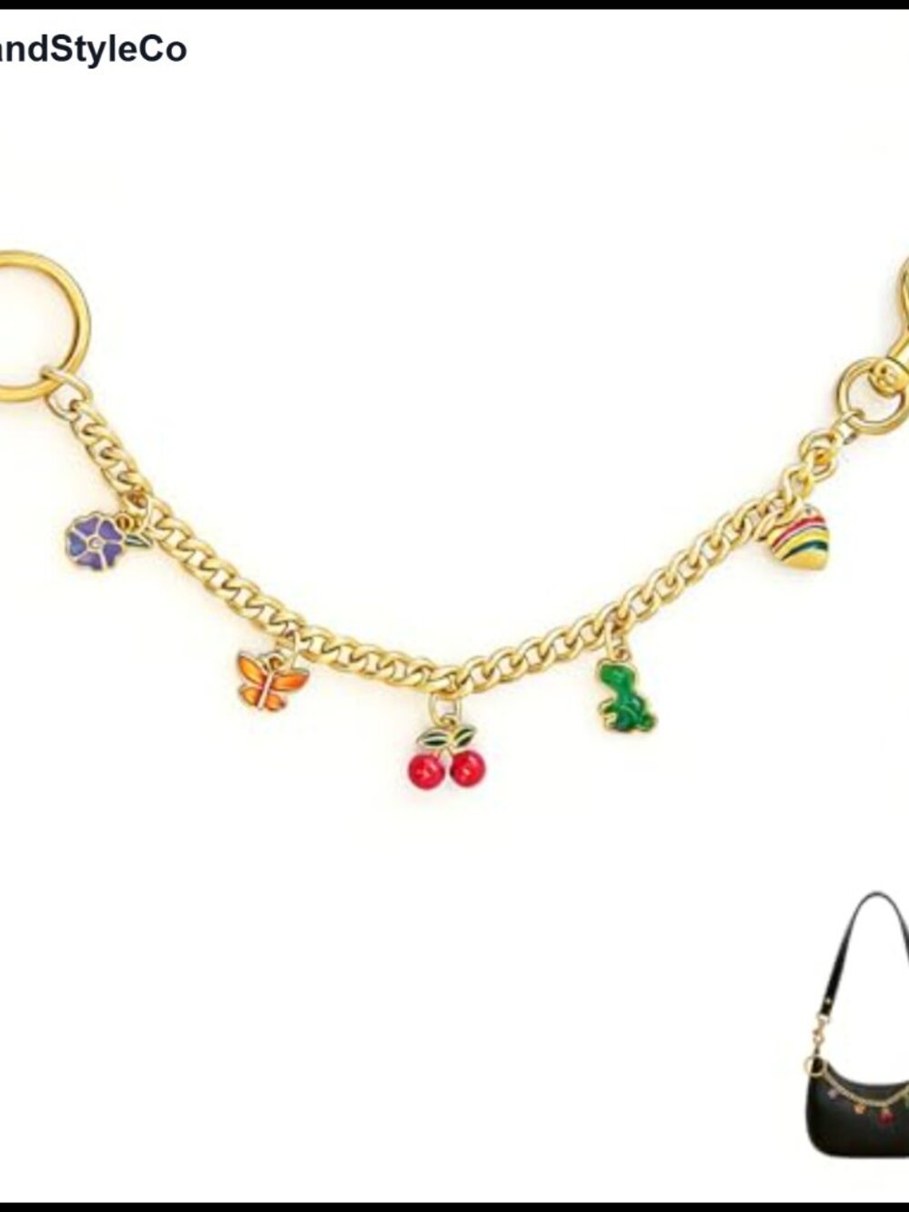 Gold Plated Metal Bag Charm Chain with Dinosaur Floral Heart Butterfly Charms